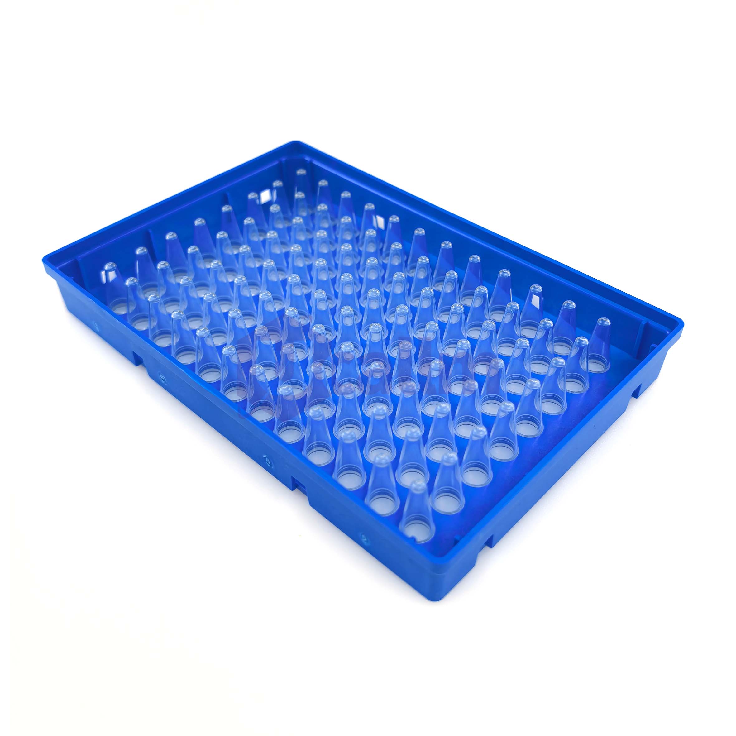 H2384-01 0.2 mL 96 well Full skirt PCR plate, clear PP wells, blue PC frame, H1 Notch-4