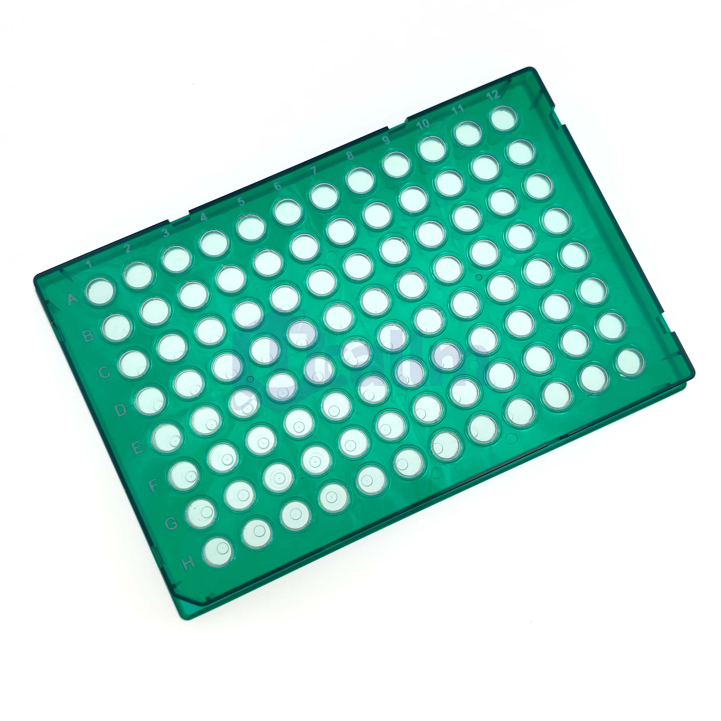 H2384-02 0.2 mL 96 well Full skirt PCR plate, clear PP wells, green PC frame, H1 Notch-2