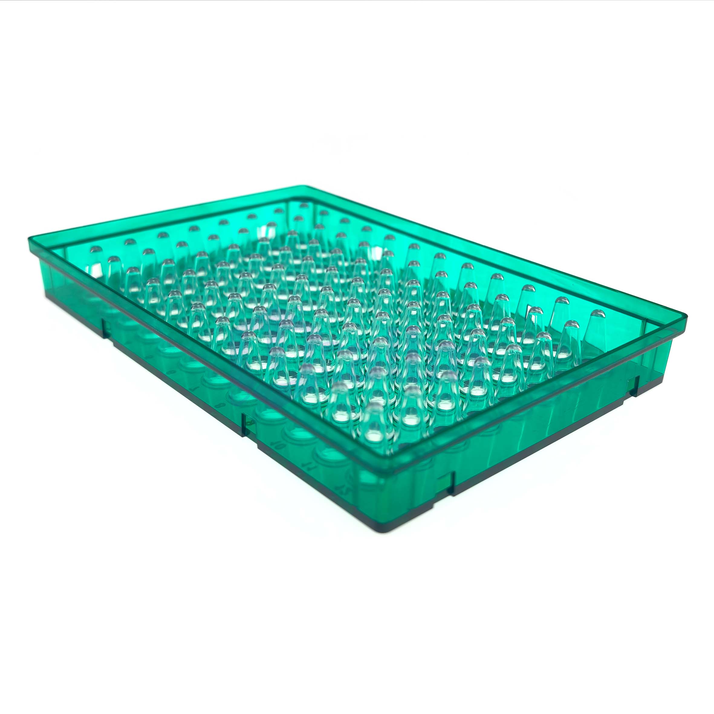 H2384-02 0.2 mL 96 well Full skirt PCR plate, clear PP wells, green PC frame, H1 Notch-4