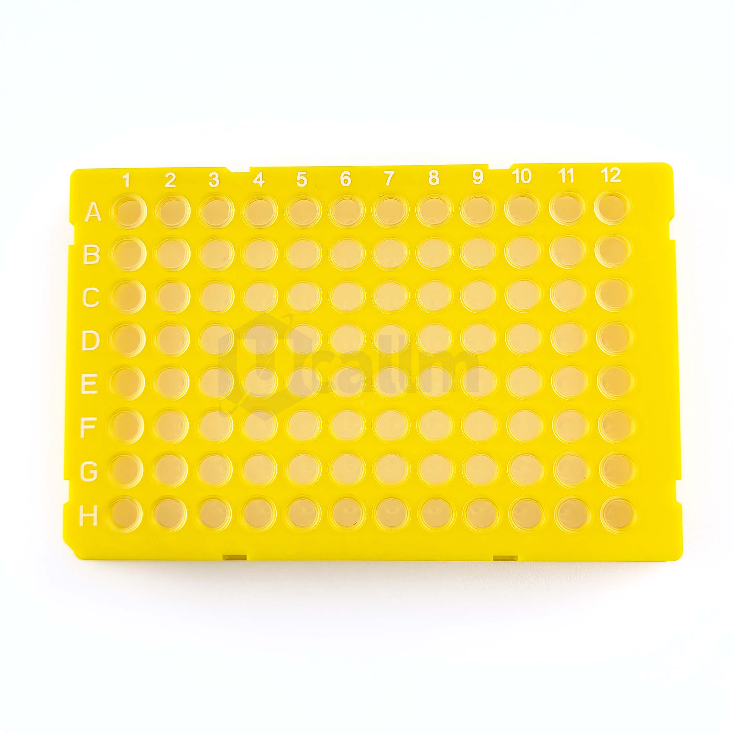 H2384-05 0.2 mL 96 well Full skirt PCR plate, clear PP wells, yellow PC frame, H1 Notch-1