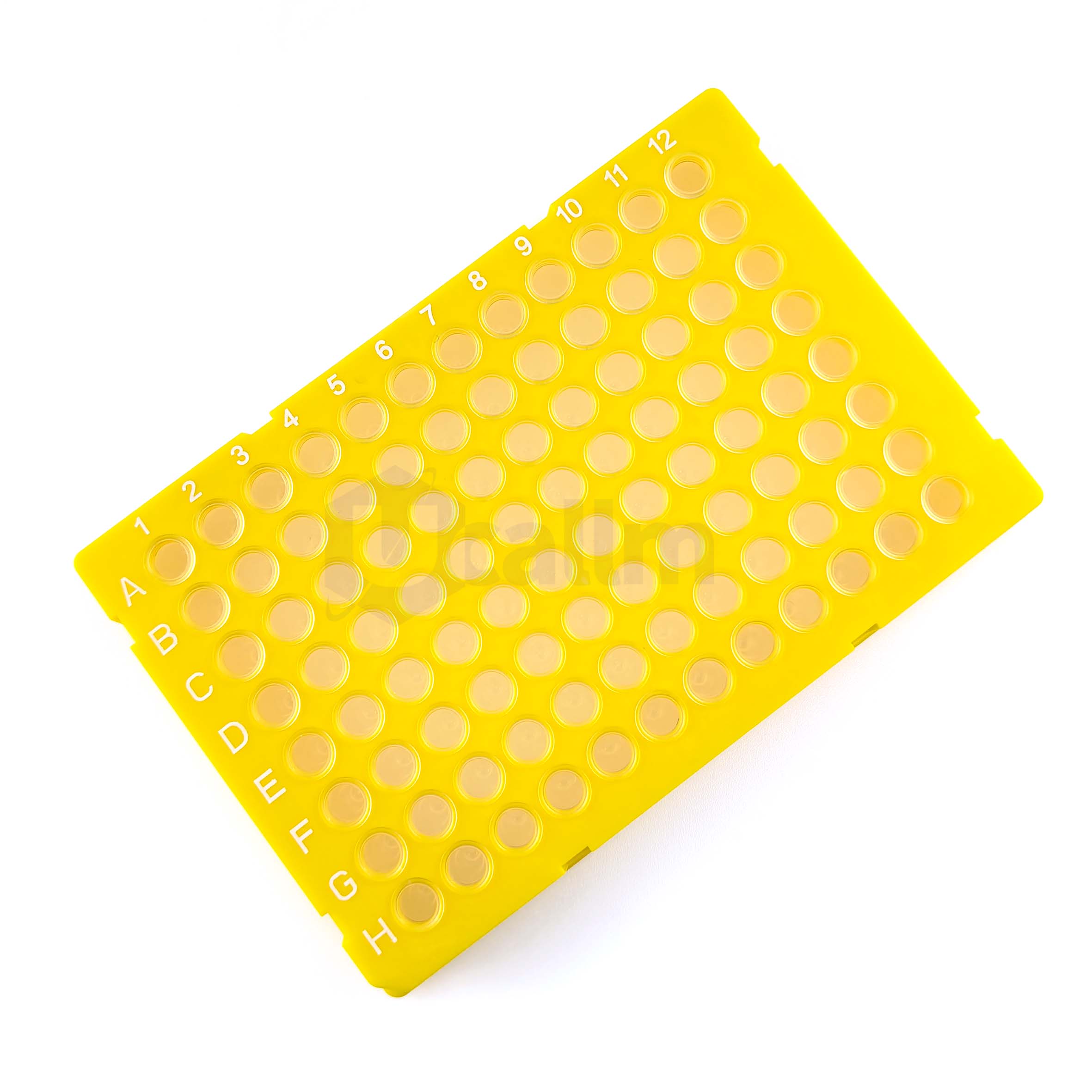 H2384-05 0.2 mL 96 well Full skirt PCR plate, clear PP wells, yellow PC frame, H1 Notch-2