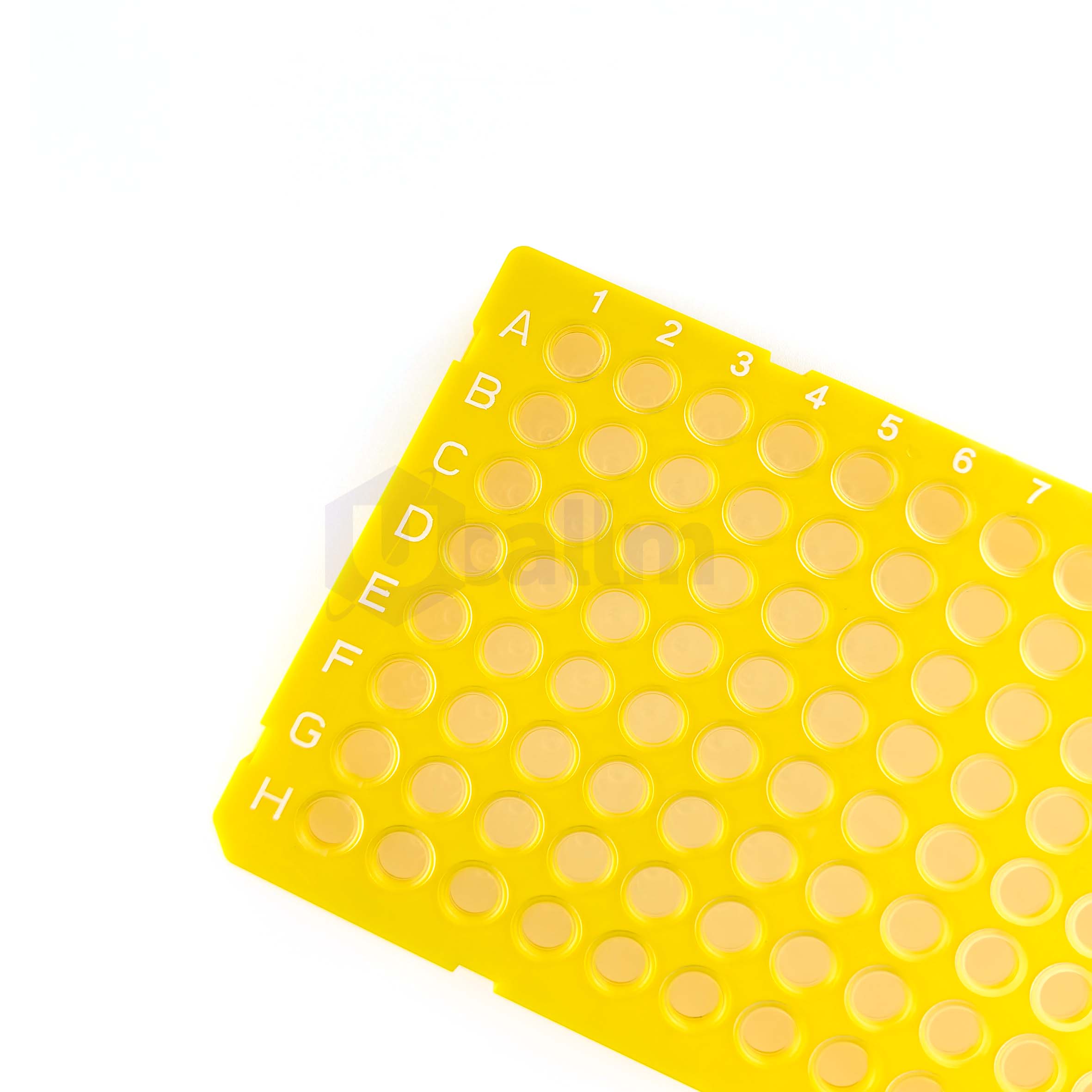 H2384-05 0.2 mL 96 well Full skirt PCR plate, clear PP wells, yellow PC frame, H1 Notch-3