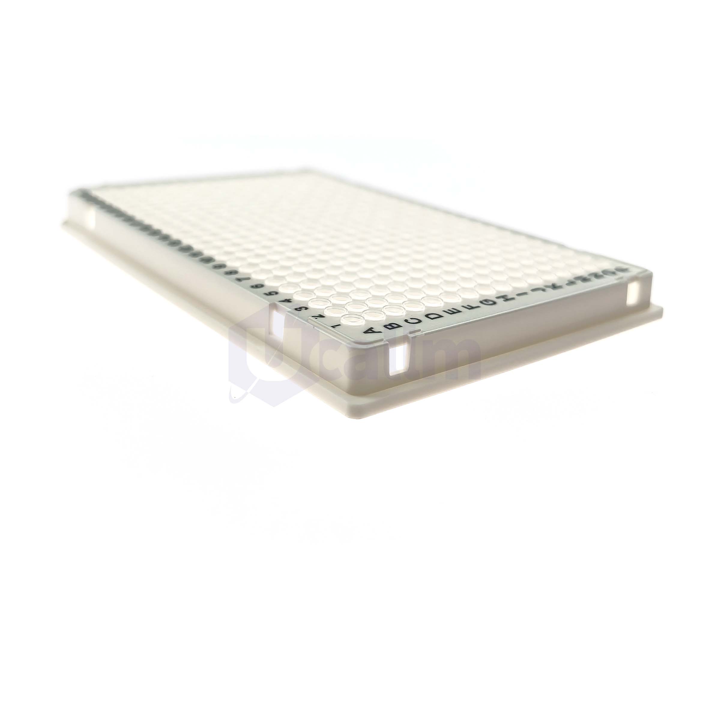 H2412-07 40 µL 384 well Full skirt PCR plate, clear PP wells, white PC frame, A24 Notch-5