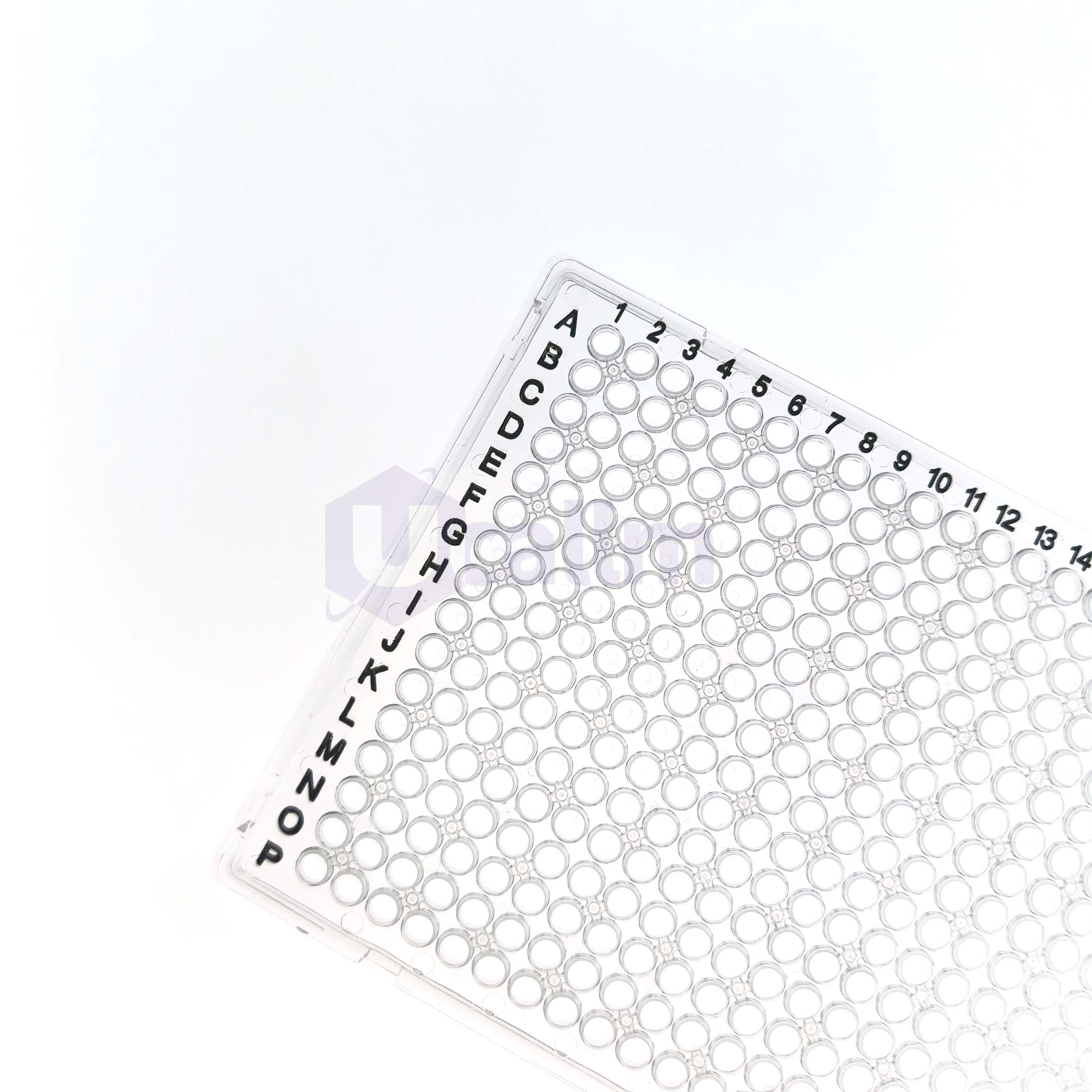 H2413-00 40 µL 384 well Full skirt PCR plate, clear PP wells, clear PC frame, A24&P24 Notch- 3