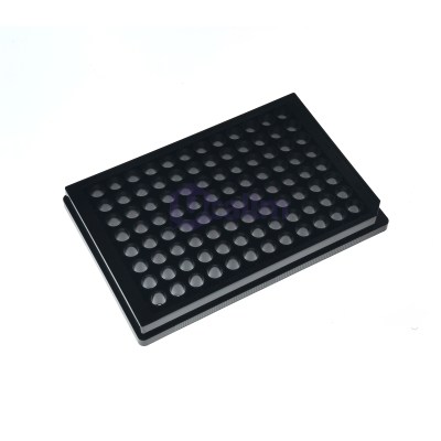 Black plastic tray with a grid of circular wells (a 96-well microplate) seen at an angle for organizing samples