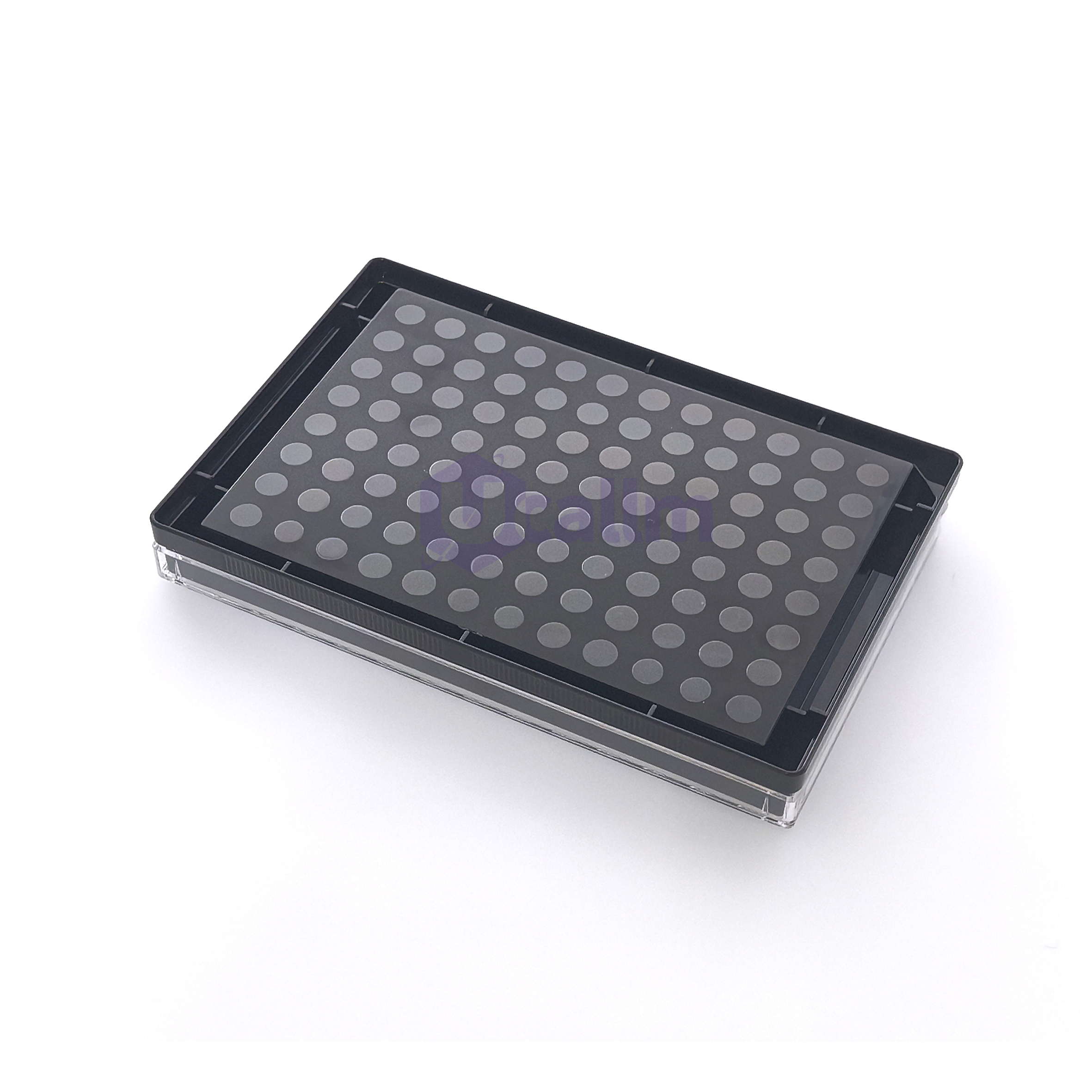 96 Well glass bottom plate (6) Angled view of a black plastic tray holding a gray perforated insert with evenly spaced circular wells.