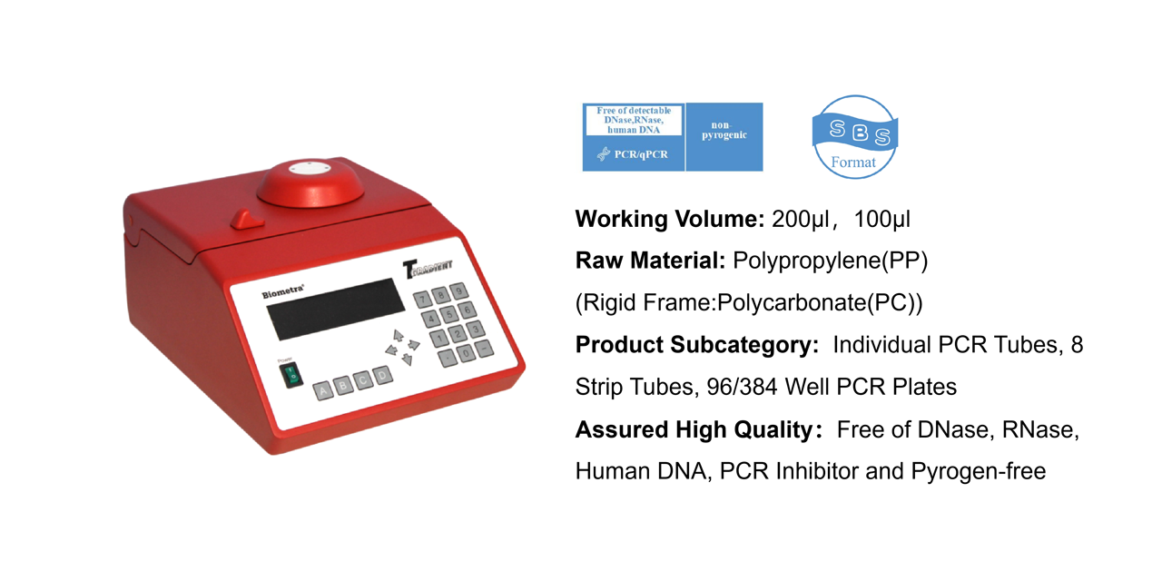 Red PCR thermocycler with a white control panel on the left; to the right are specs: 200/100 μl working volume, polypropylene, subcategory: individual PCR tubes/8-strip tubes/96/384-well plates; DNase/RNase/Human DNA free and pyrogen-free.