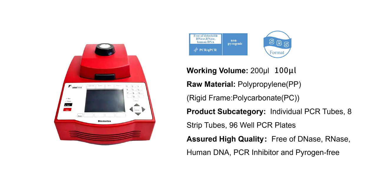 Red PCR thermal cycler with control panel on left and a specs panel on the right showing Working Volume and Raw Material.