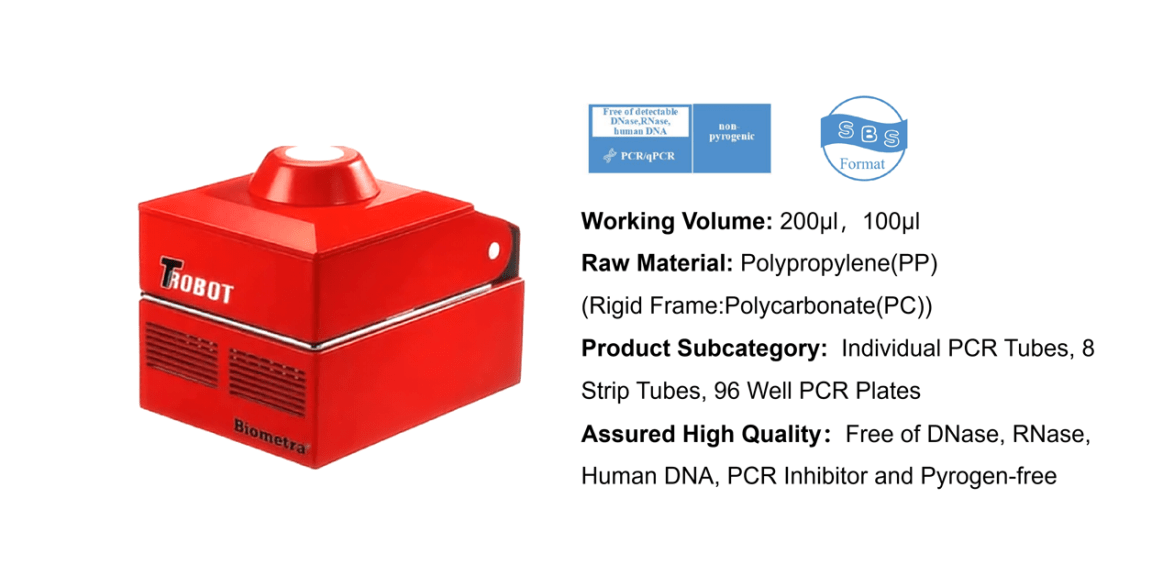 Red PCR thermocycler device with specification text beside it (Working Volume 200 μL, Raw Material: polypropylene).
