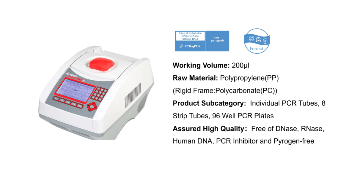 PCR thermocycler with red lid; right side lists specs: 200 µl working volume and polypropylene/rigid frame materials (PC).