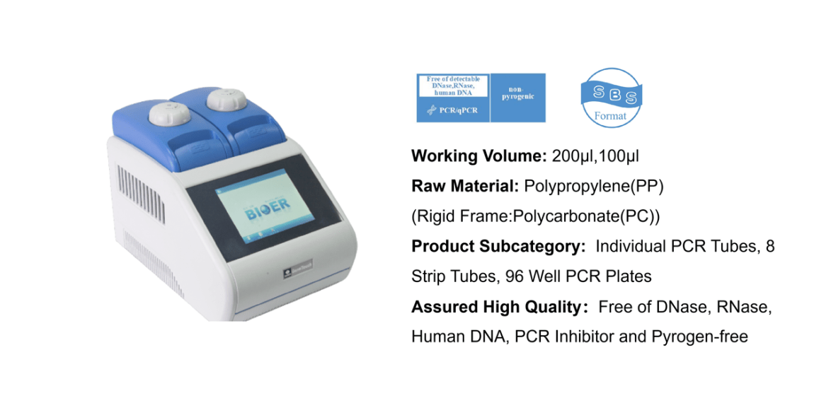 Compact PCR thermocycler with blue-top knobs, shown beside its specification sheet (volume, materials, and tube formats). Informs users of device and key specs at a glance.