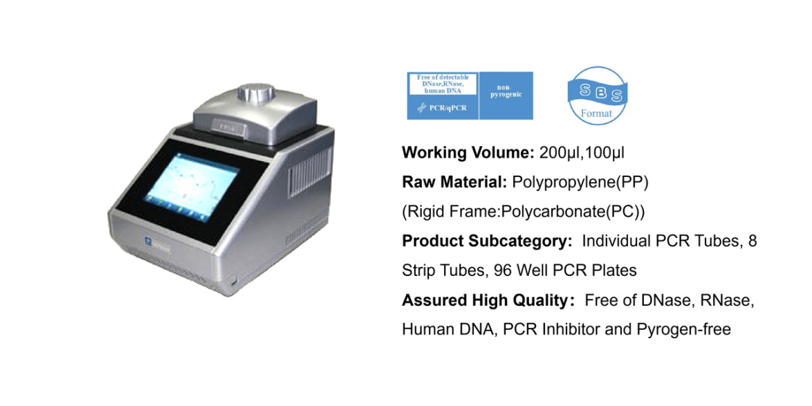 PCR thermal cycler with touchscreen display beside a spec list: Working Volume 200 μL, Raw Material polypropylene, Product Subcategory: etc.