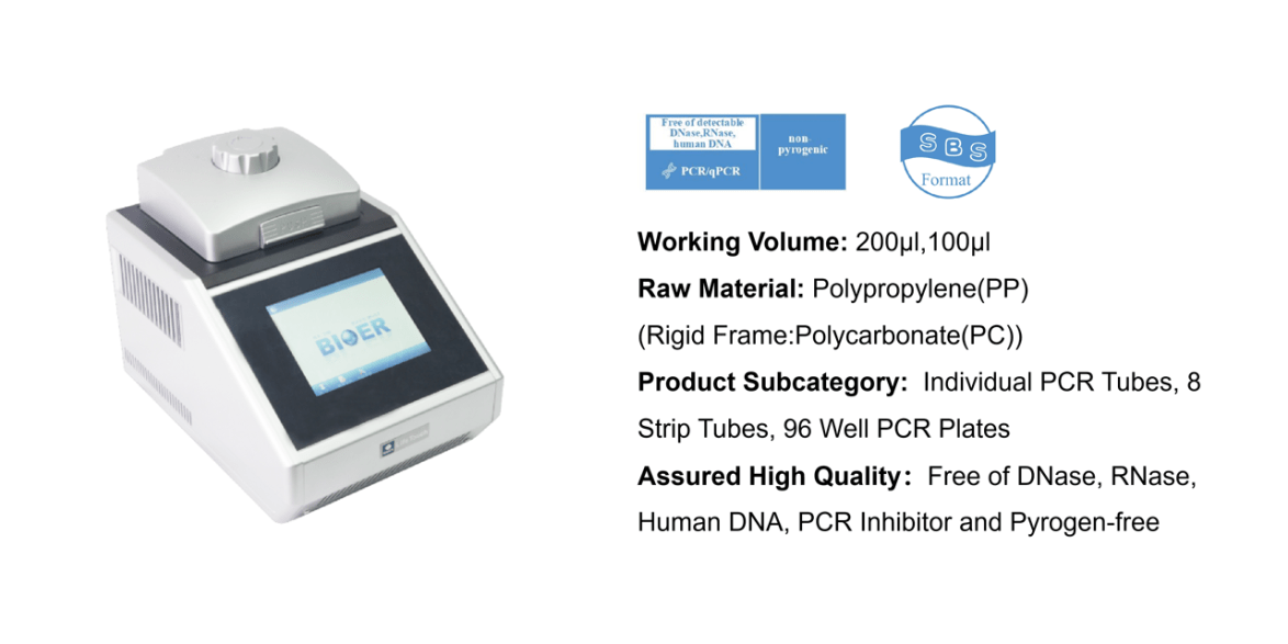Compact PCR thermocycler with touchscreen display; to the right, a block of product specifications and logos.
