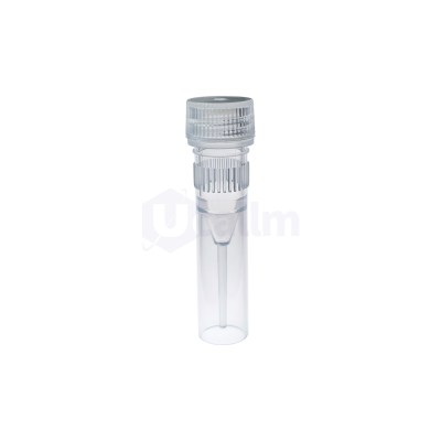 Close-up of a transparent glass vial neck with a ribbed screw cap.