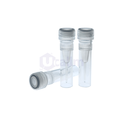 Three clear glass vials with ribbed metal caps, two standing upright and one lying on its side on a white background]