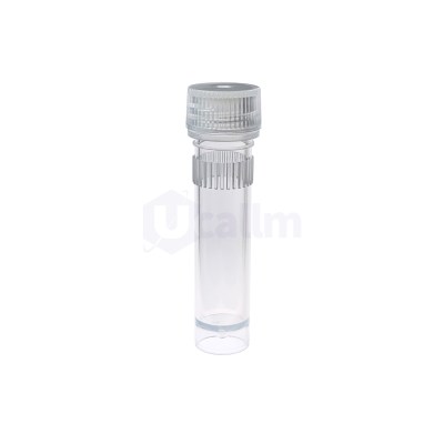 Close-up of a transparent glass vial with a ribbed silver screw cap used for lab samples