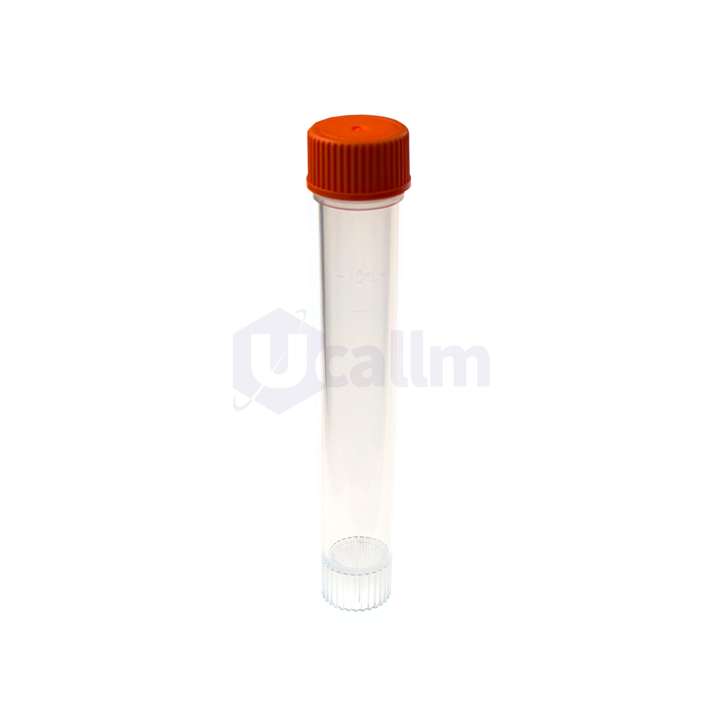 D1092-22 (1) Clear glass test tube with an orange ribbed screw cap, standing upright against a white background.