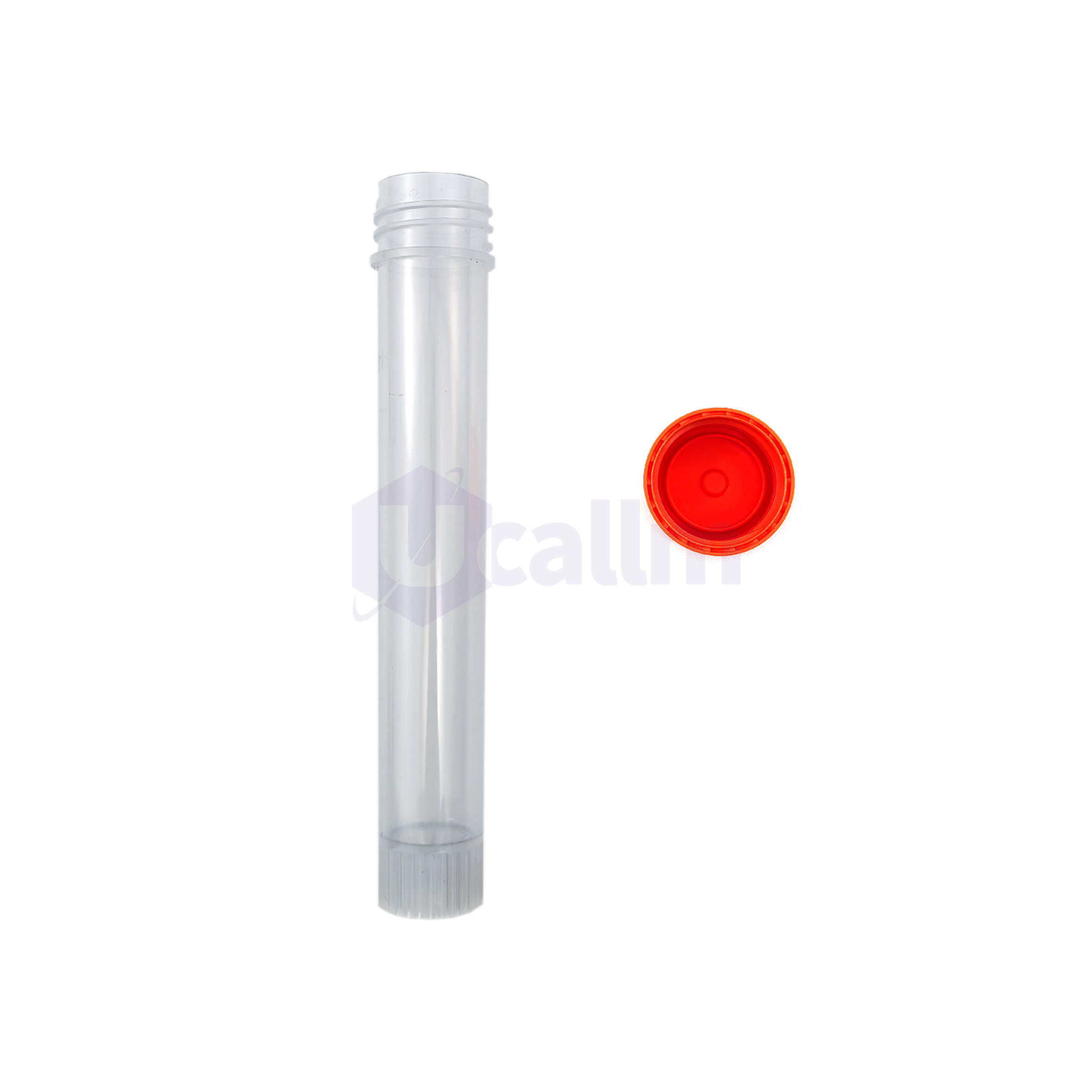 D1092-22 (3) Transparent plastic test tube with a white screw-on cap removed at the top and an orange cap resting nearby on the right side.