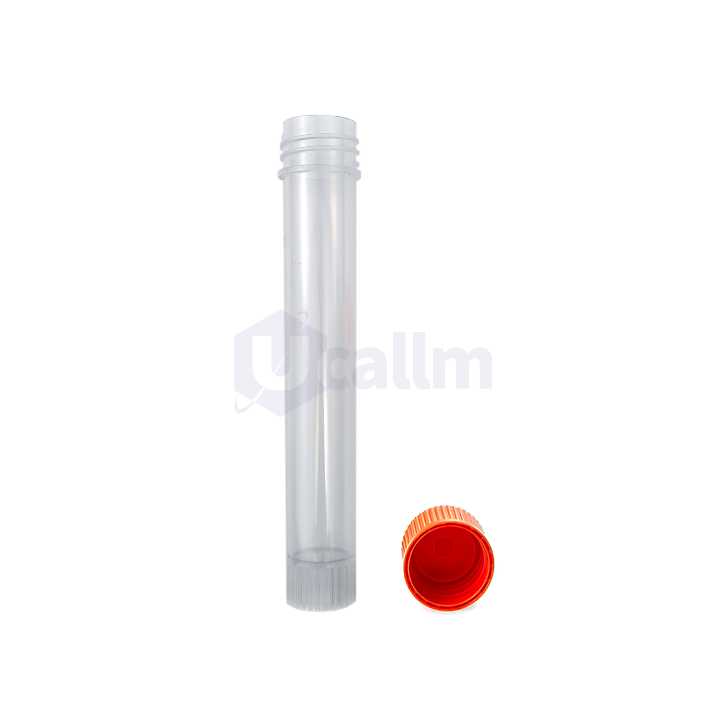 D1092-22 (4) Transparent glass test tube with a ridged screw-cap neck and an orange cap lying to the lower-right, detached from the tube.