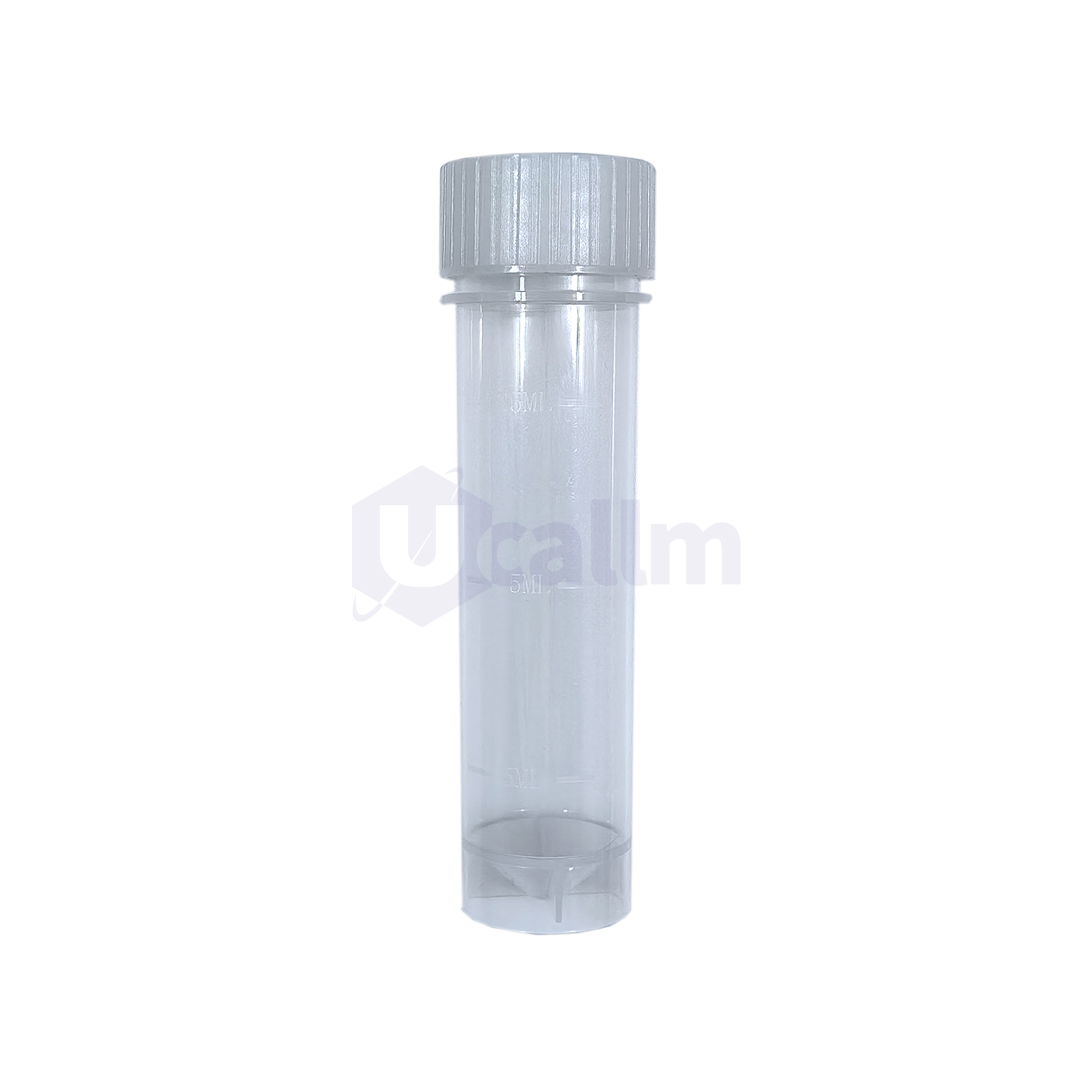 D1092-23 (2) Close-up of a clear plastic test tube with a ribbed gray cap, showing 5 mL markings on the side.