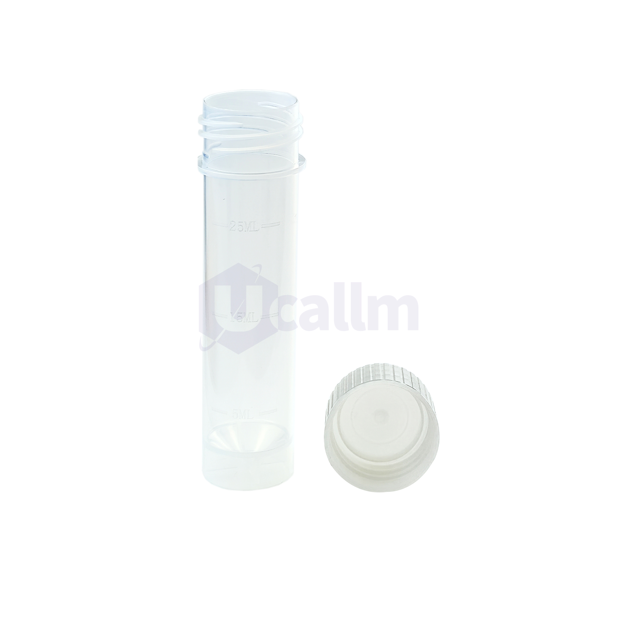 D1092-23 (4) Transparent plastic 25 mL vial with its screw cap removed, cap placed nearby to the right side.