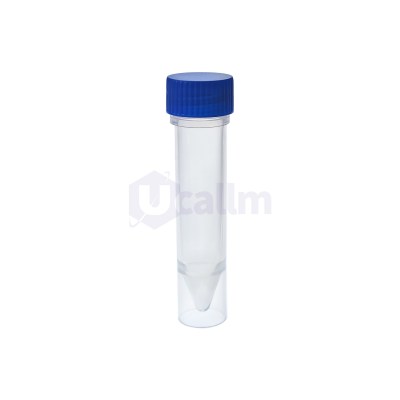 Clear glass test tube with a blue screw cap photographed from above