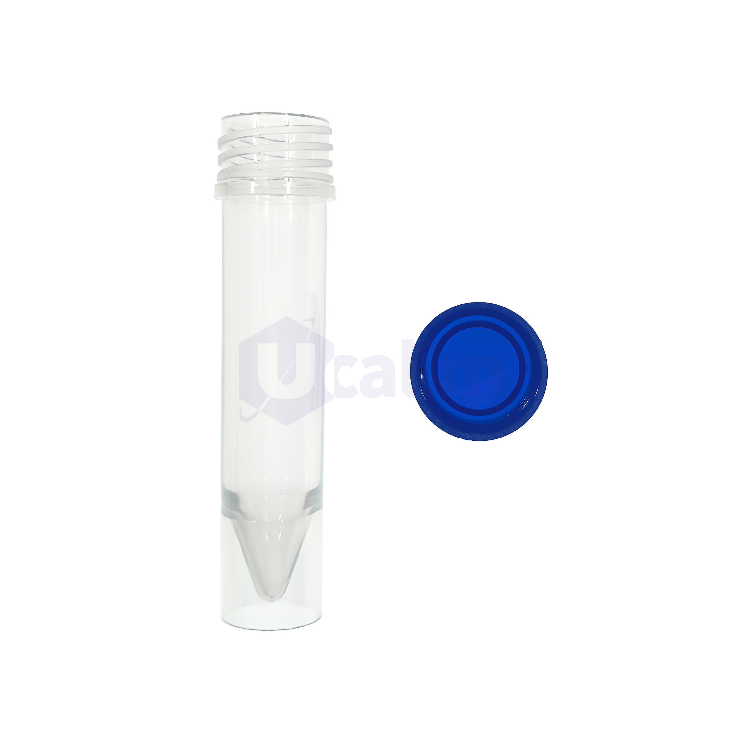 D1093-28 (3) Clear glass test tube with a threaded neck and a blue cap resting to the right.