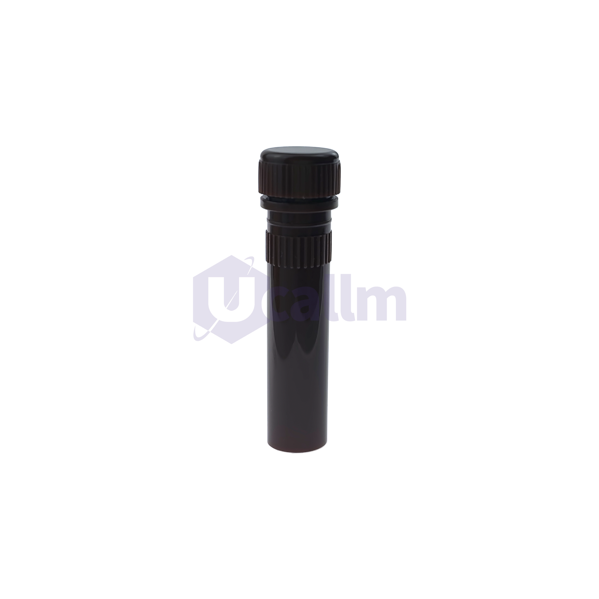 D1401-05 (1) Close-up of a dark glass dropper bottle neck and ridged black cap against a white background.