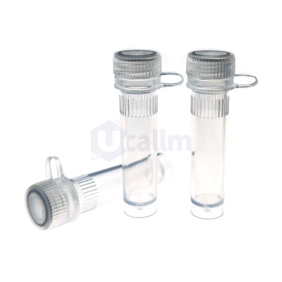 Two clear glass sample vials with metal ribbed screw caps and attached loops, set against a white background.