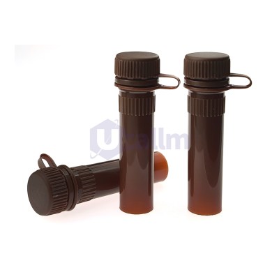Two brown glass bottles with ribbed screw caps and looped closures, standing upright.