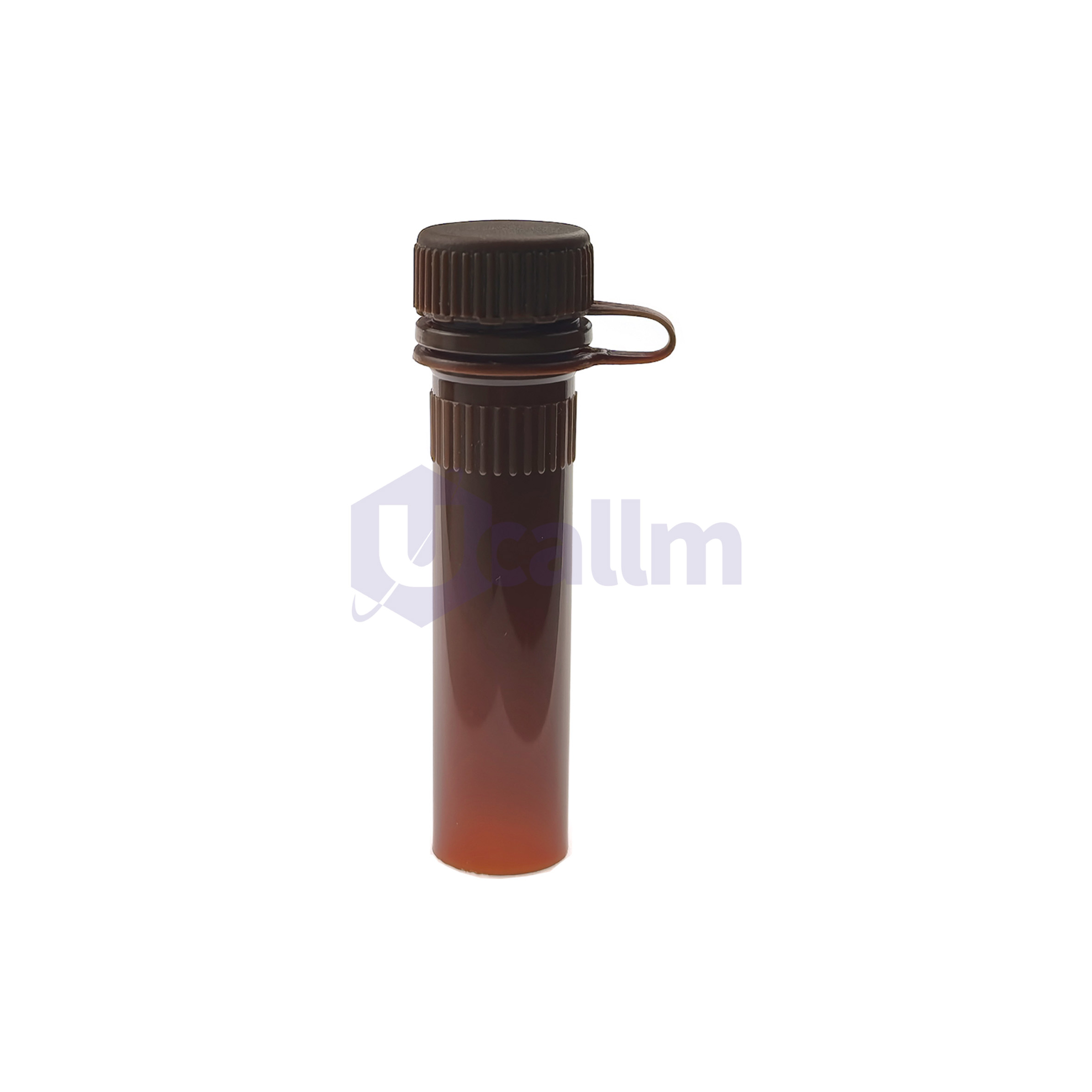 D2301-05 (2) Close-up of a brown bottle neck with a ribbed, child-resistant cap and a tether ring on a white background.