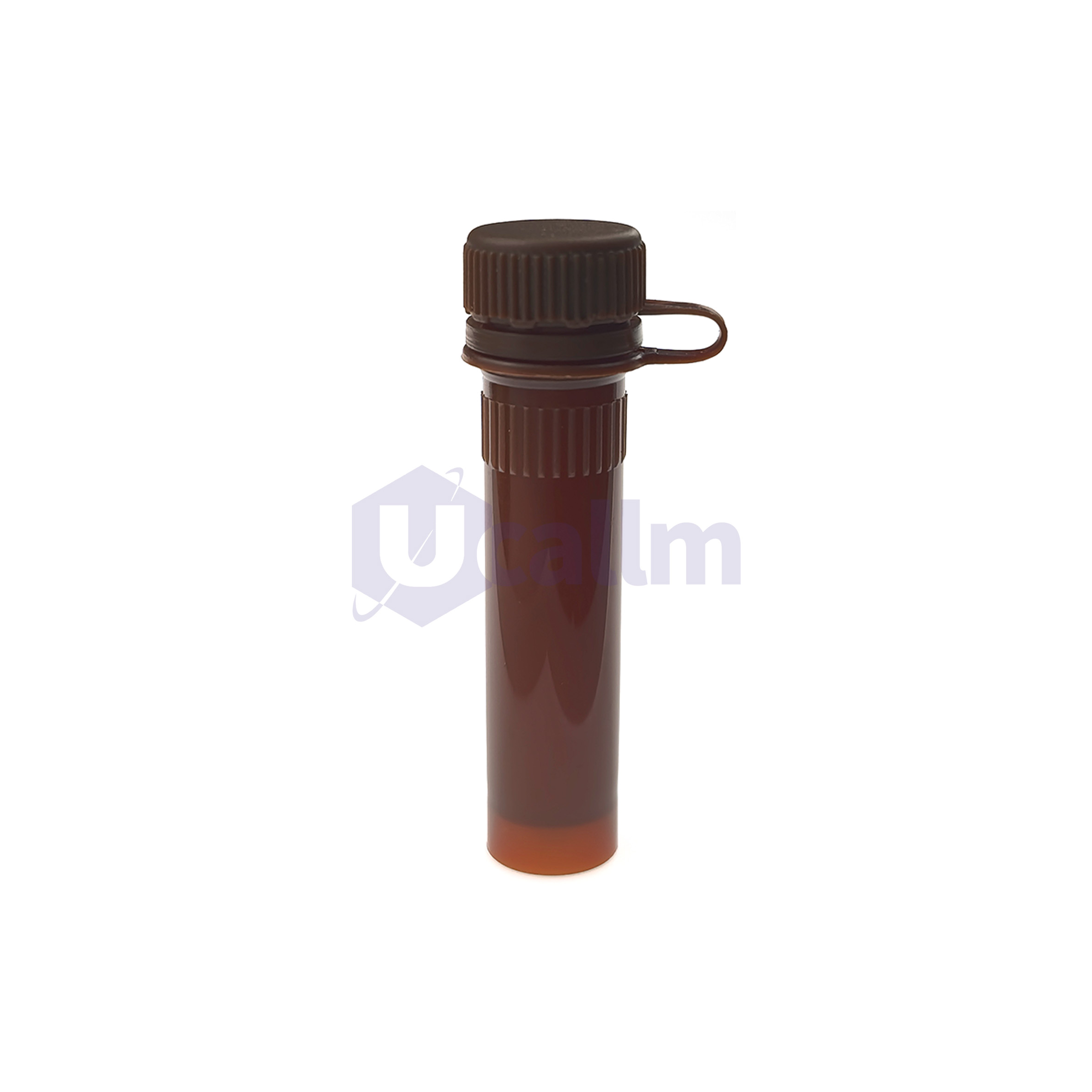 D2361-05 (2) Amber glass dropper bottle with a ribbed dark cap and attached looped tether in a white background, close-up top view
