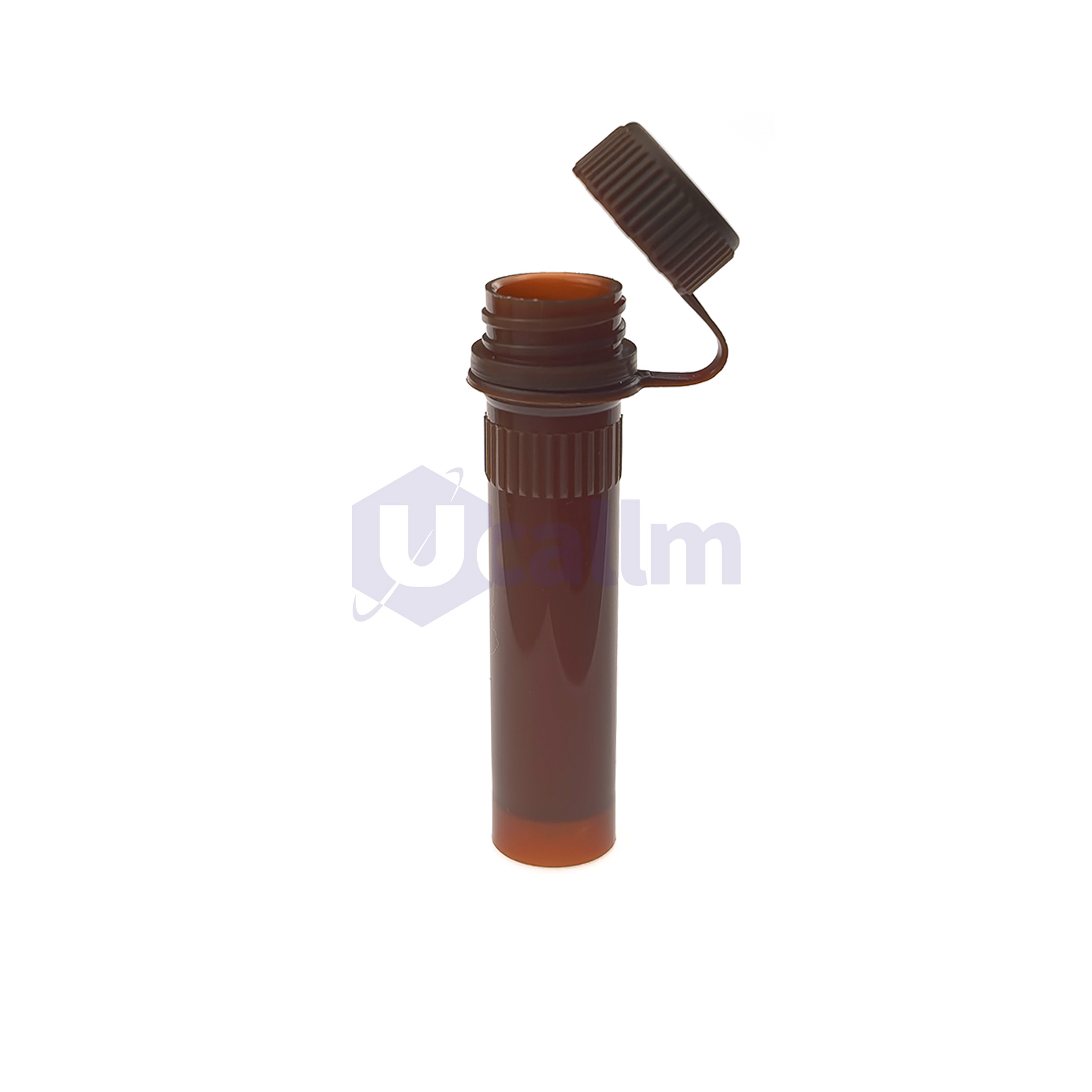 D2361-05 (3) Brown glass dropper bottle with its cap removed and attached by the dipper, showing the orange interior and dark brown exterior.