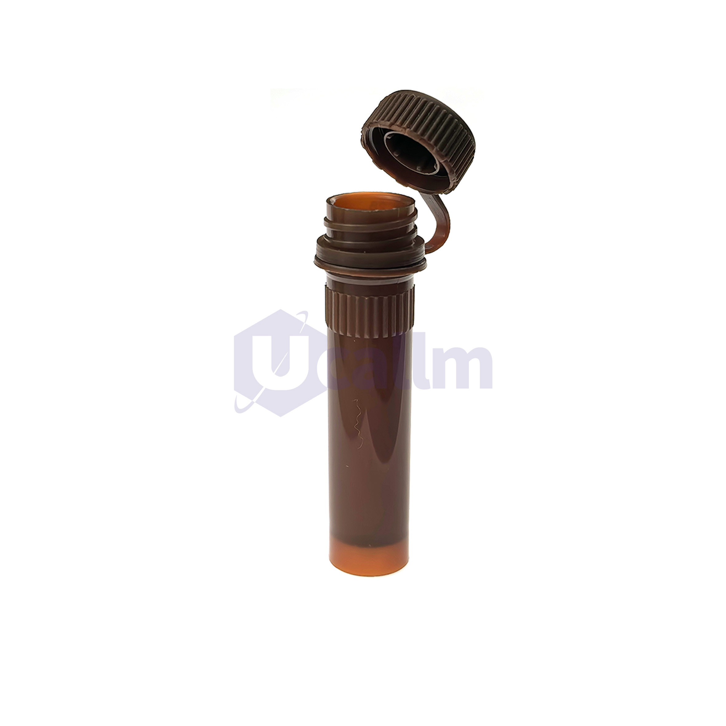 D2361-05 (4) Open brown bottle with the cap removed and resting beside the neck, showing orange liquid inside