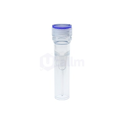 Close-up of a clear plastic water bottle with a blue twist-off cap on top.
