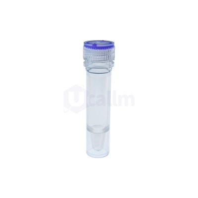 Close-up of a clear plastic water bottle with a blue screw-on cap against a white background