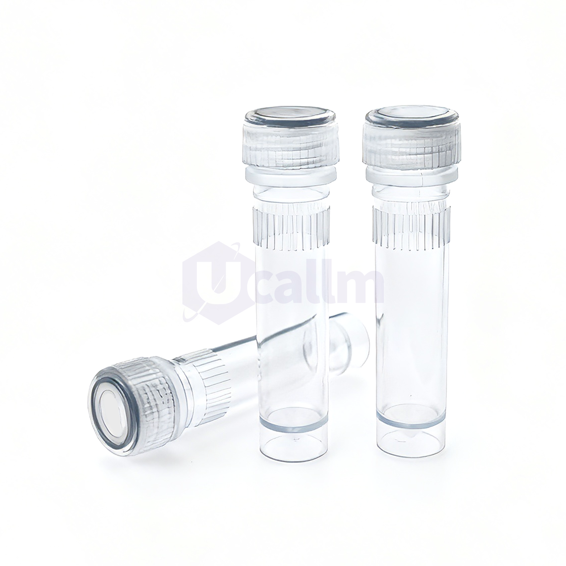 P1061-05(1) Four clear glass vials with ribbed screw caps standing upright on a white background, with one vial lying on its side in the foreground.