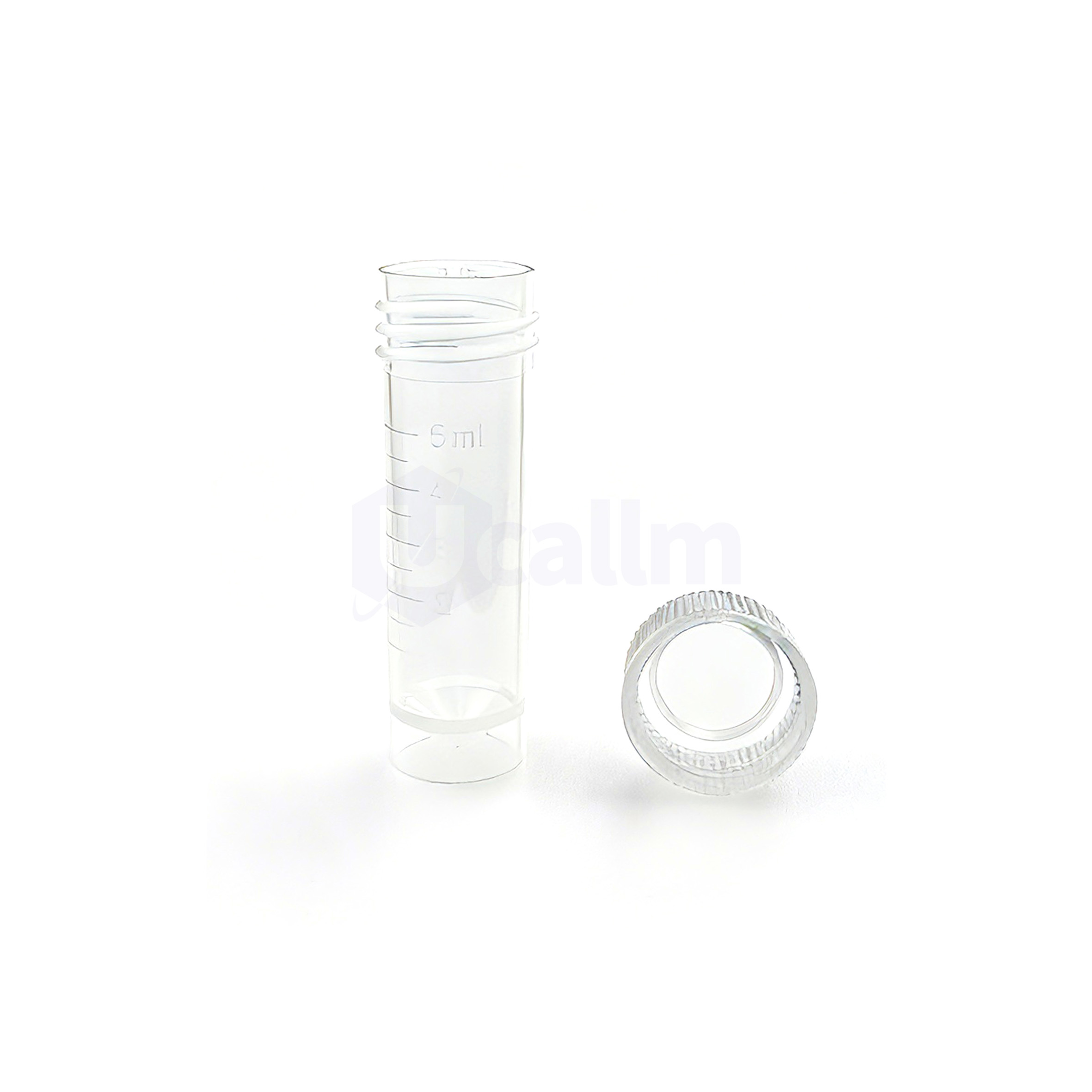 P1082-07(4) Clear glass graduated cylinder with 6 mL markings and a white background, plus a loose ring nearby.
