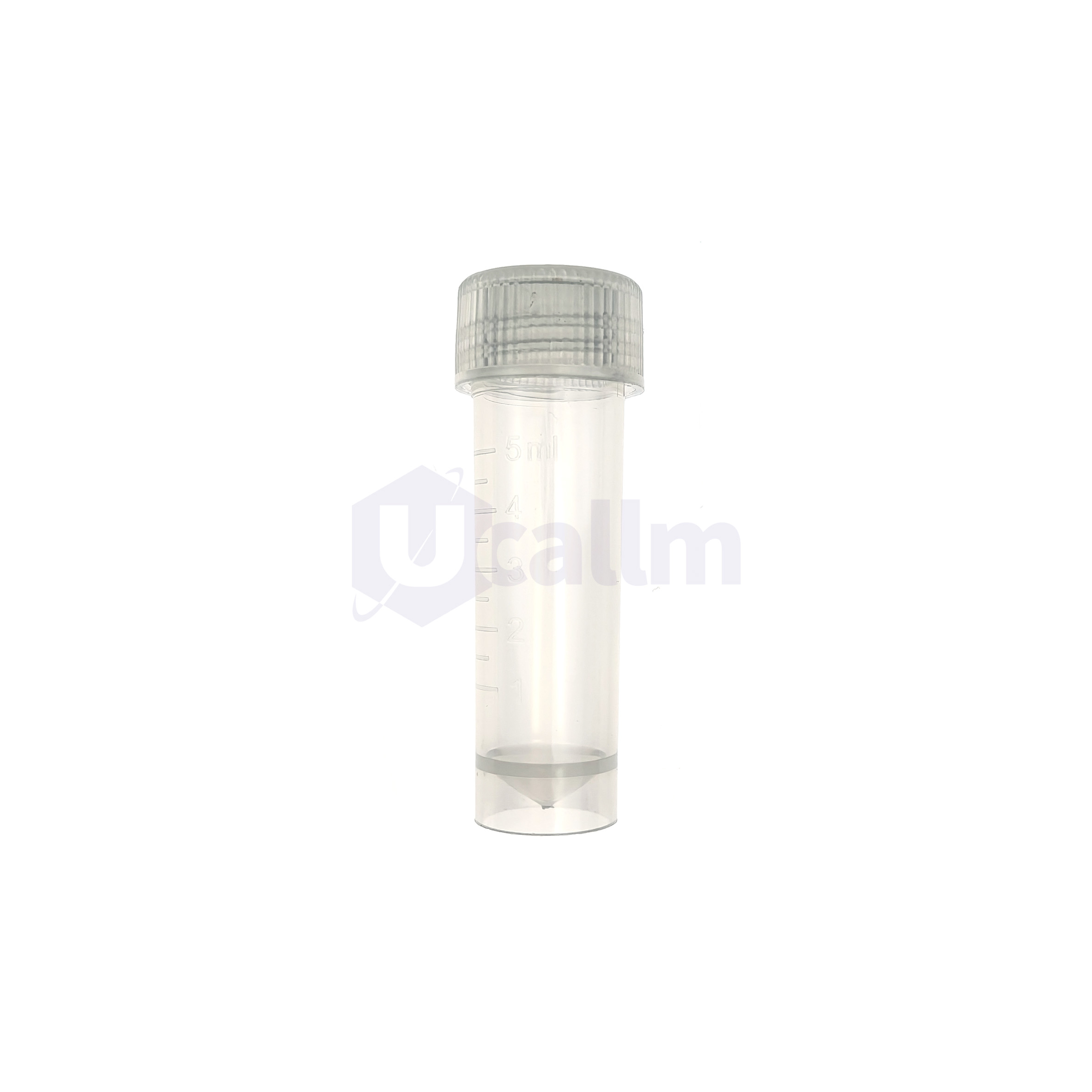 P1082-07(2) Close-up of a transparent syringe with a gray cap, showing measurement markings, against a white background