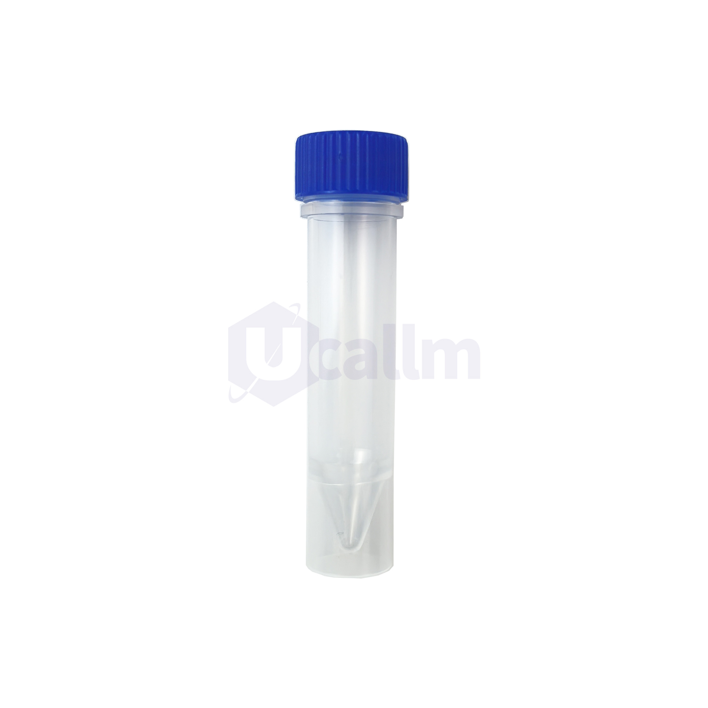 P1093-28(2) Close-up of a clear lab tube with a blue ribbed cap against a white background, the top of a specimen tube.
