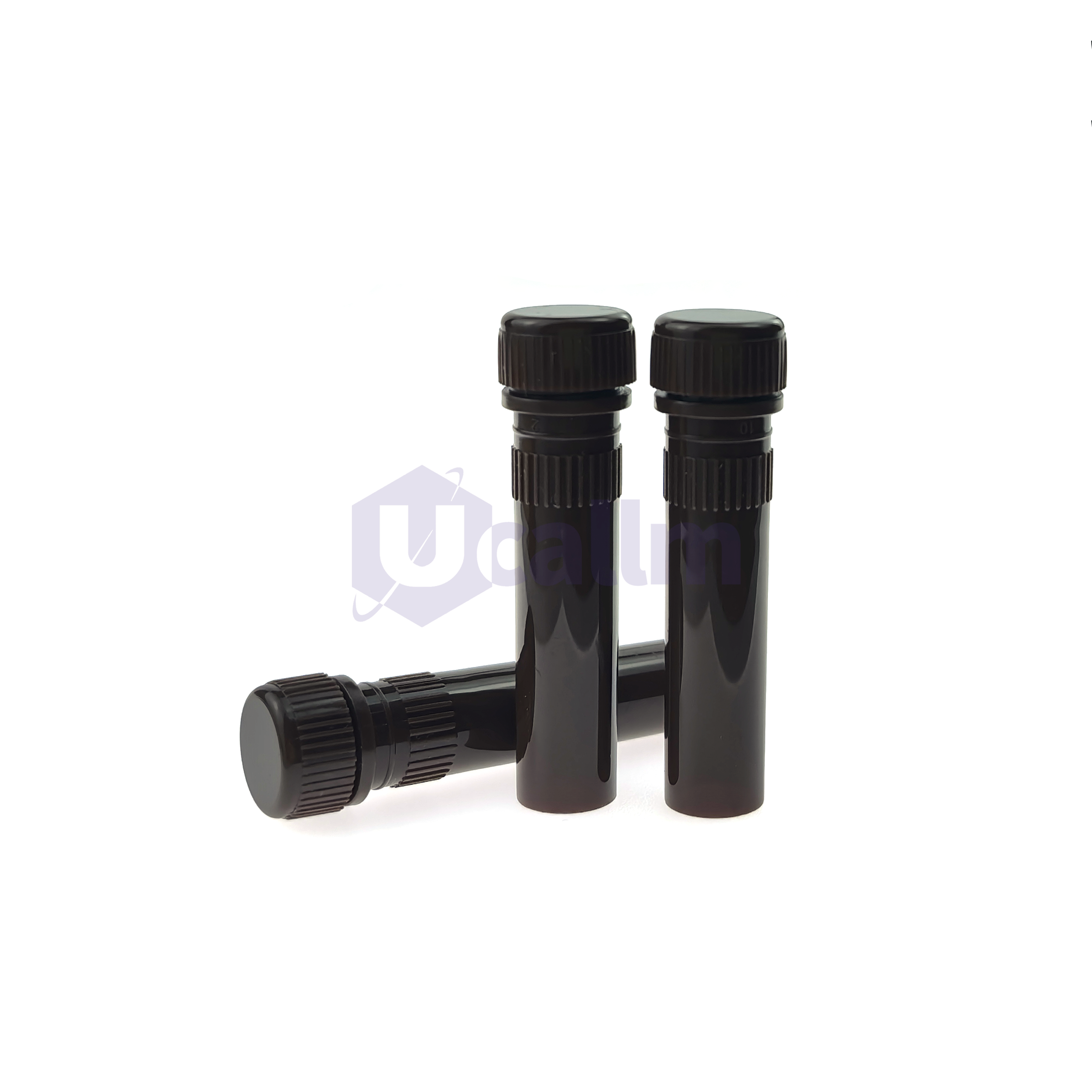 P1451-05(1) Two dark glass sample vials with black screw caps standing upright side by side on a white background (lab setup).