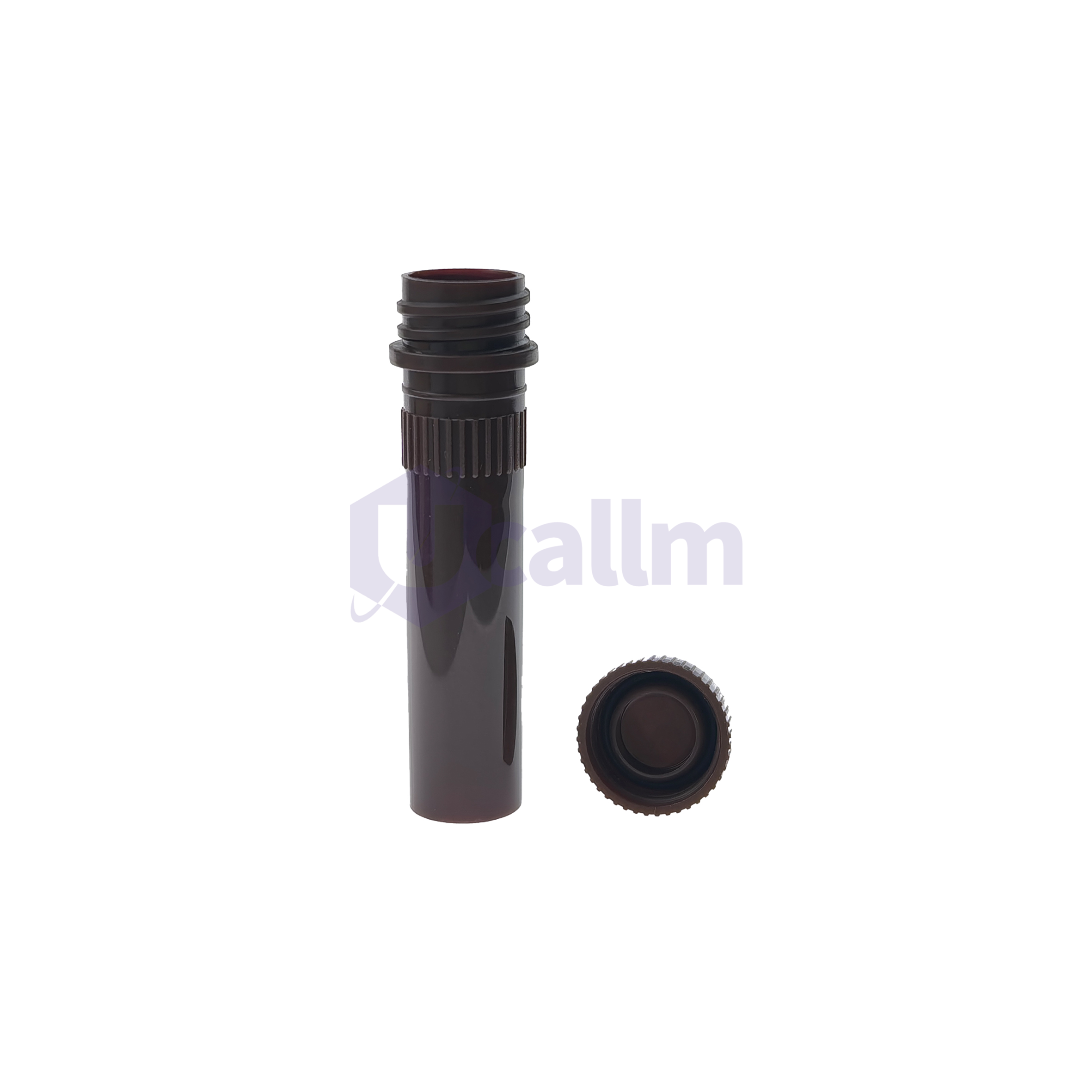 P1451-05(3) Close-up of a dark brown screw-top bottle neck with multiple threads and a cap nearby viewed from the side