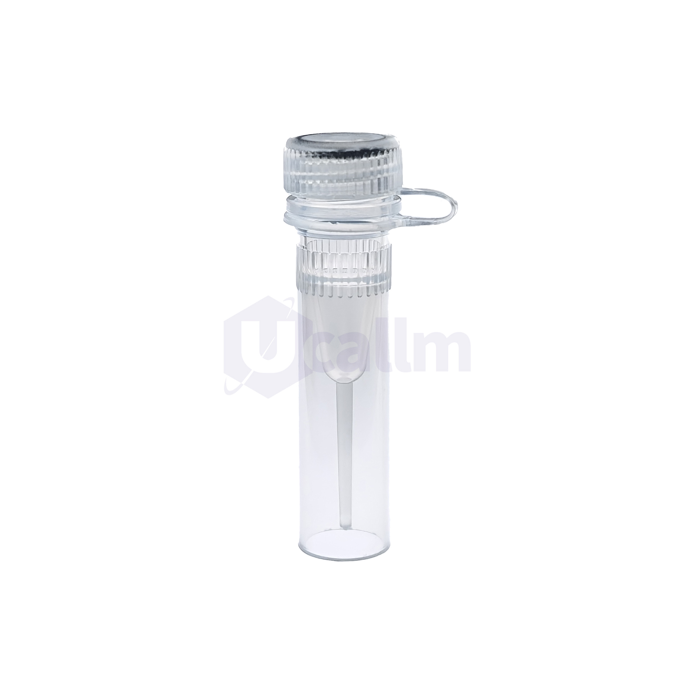 P2001-05(3) Close-up of a transparent glass bottle neck with ribbed threads and a screw cap.