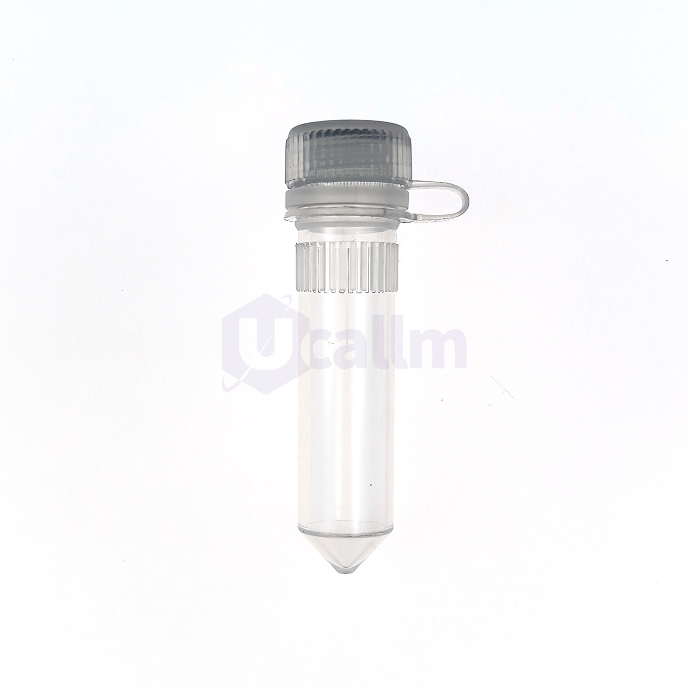 P2061-04(1) Close-up of a sterile syringe with a clear barrel and gray cap, needle covered, pointing downward against a white background