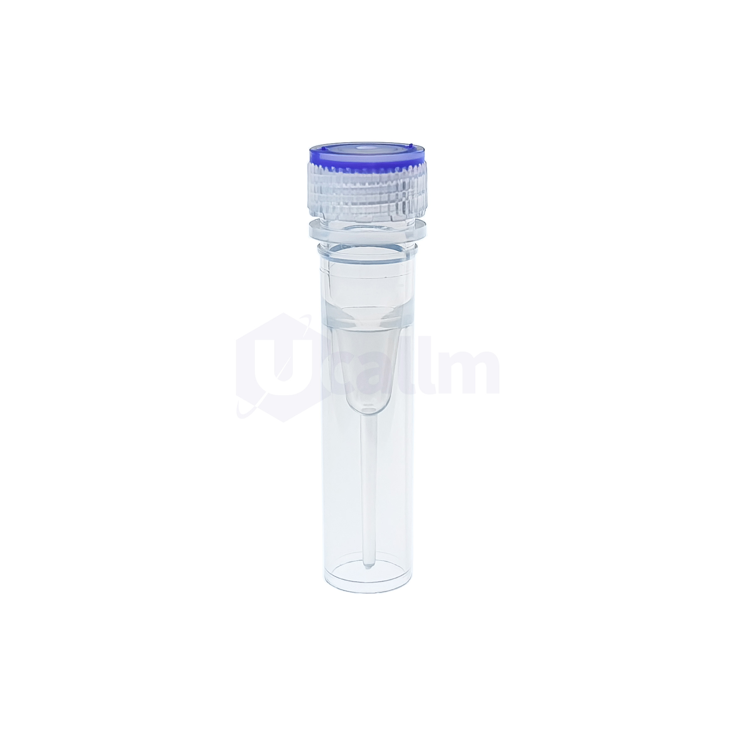 S1003-01( S0000-03)-1 Clear transparent bottle with a blue screw-cap, viewed from the side, standing upright