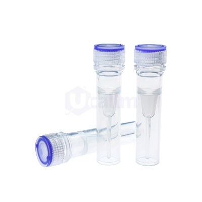 Two clear plastic water bottles with blue screw caps, shown from the side against a white background.