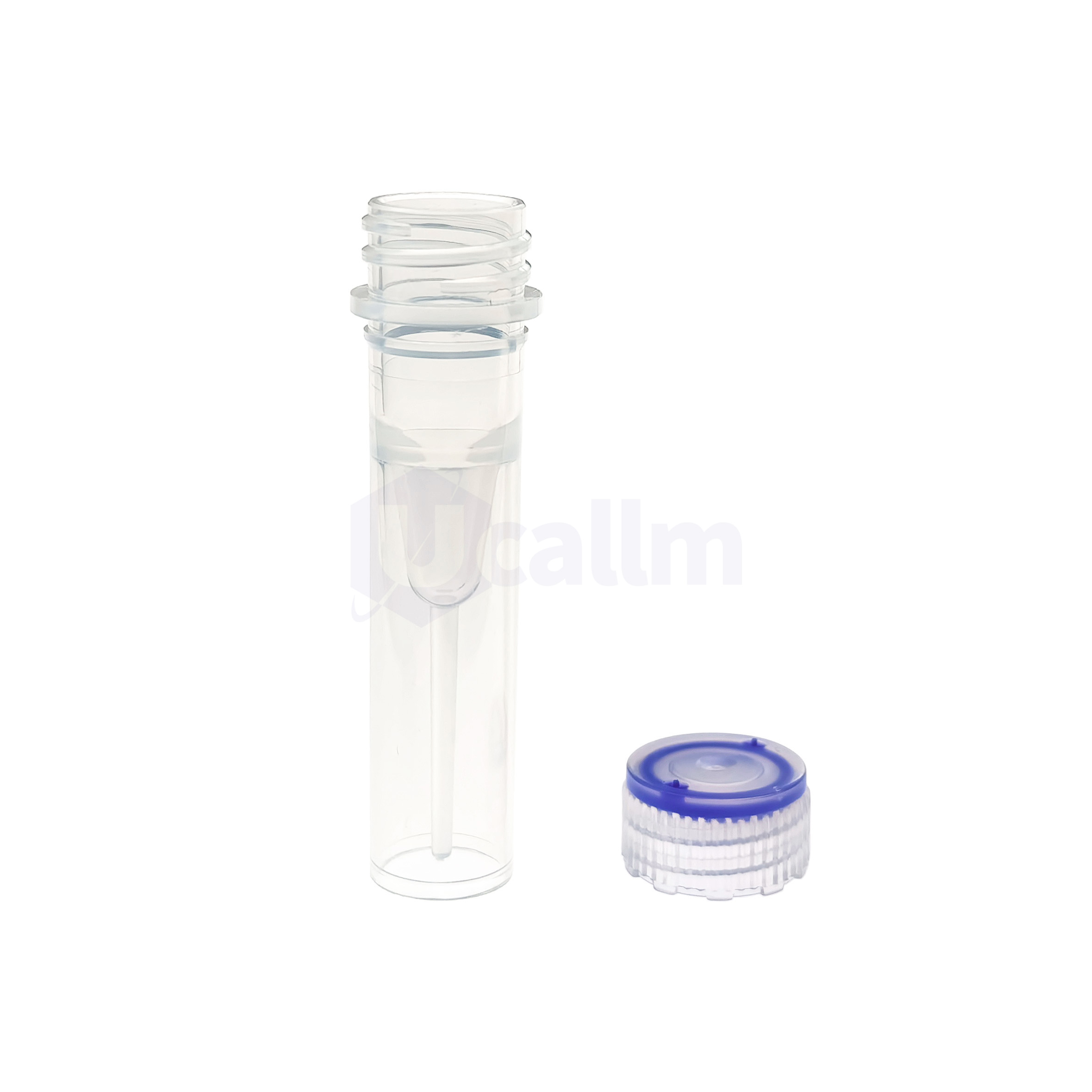 S1003-01( S0000-03)-4 Transparent plastic bottle with its cap removed, showing the open neck and dispensing area on a white background, with a separate blue cap nearby
