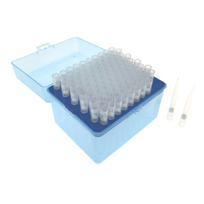 Blue lab storage box holding dozens of clear microcentrifuge tubes arranged in a rack, viewed from an angled top corner.
