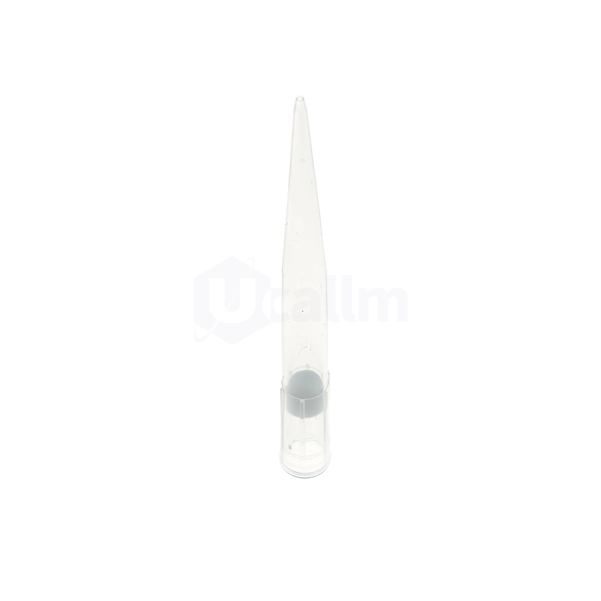1000µL Low Retention Filter Pipette Tips, Clear, Filtered, Non-sterile, Bagged-2 Clear glass micropipette standing upright against a white background with a tapered tip up top.