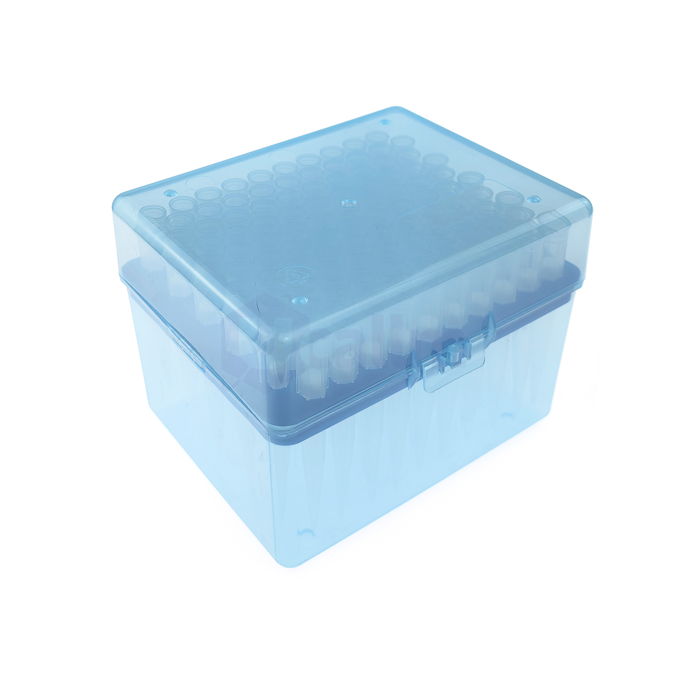 1000µL Low Retention Filter Pipette Tips, Clear, Filtered, Sterile, Racked-2 Blue translucent 96-well microplate viewed from above.